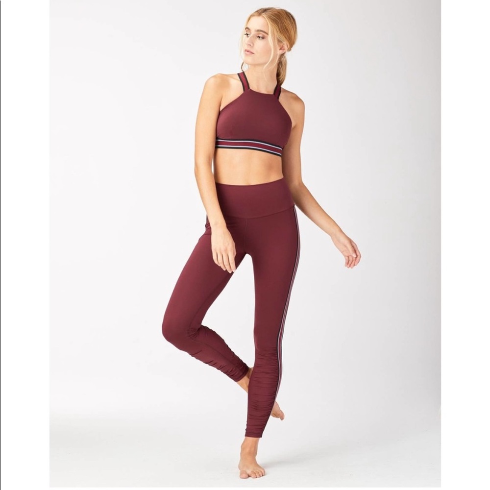 MICHI 2pc Set Speed Wine Red Racer Back Sports Bra Black Stripe Elastic Leggings